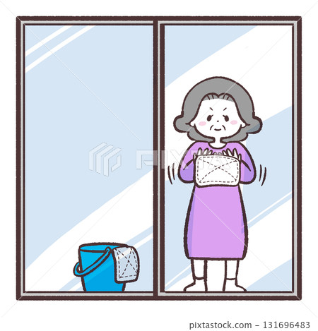 一位老年婦女擦窗戶的插圖 131696483