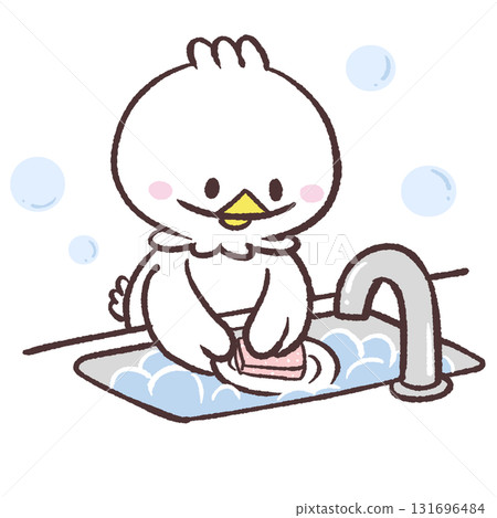 Illustration of a white bird doing the washing up Illustration of a white bird doing the washing up 131696484