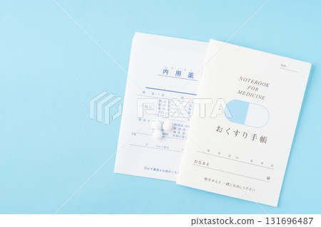 Medicine notebook and medicine on a light blue background 131696487