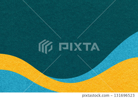 Textured dark teal paper background with turquoise and yellow wavy lines and waves, copy space for banner, presentation 131696523