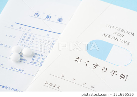 Close-up of a medicine notebook and medicines Close-up of a medicine notebook and medicines 131696536