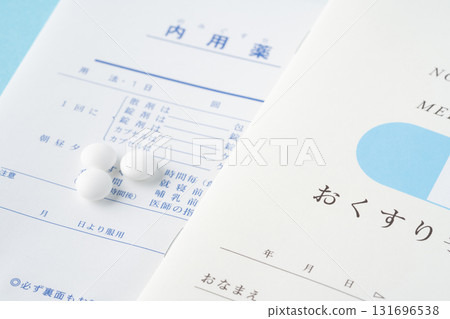 Close-up of a medicine notebook and medicines 131696538