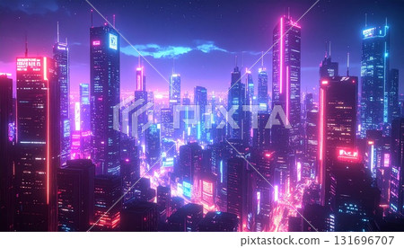 Futuristic AI city glowing digital space illustration 131696707