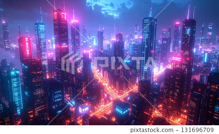 Futuristic AI city glowing digital space illustration 131696709