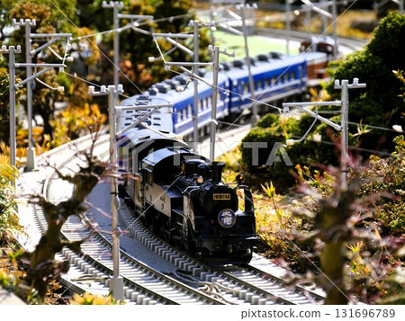 Model steam locomotive running around a curve Model steam locomotive running around a curve 131696789