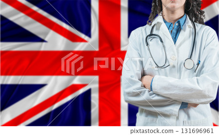 Medical professional on United Kingdom flag. Healthcare and wellness in United Kingdom, Concept 131696961
