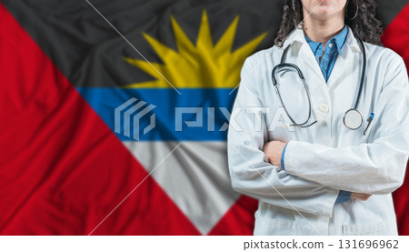 Medical professional on Antigua and Barbuda flag. Healthcare and wellness in Antigua and Barbuda, Concept 131696962