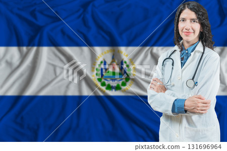 Salvadoran medicine and healthcare concept. Doctor close up against El Salvador flag background Salvadoran medicine and healthcare concept. Doctor close up against El Salvador flag background 131696964