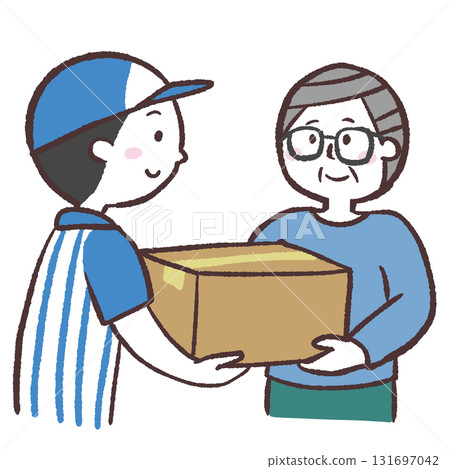 Illustration of a senior man receiving a package from a delivery person 131697042