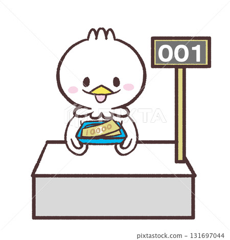 Illustration of a white bird handing out money at a counter 131697044