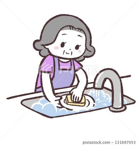 一位高級婦女洗碗的插圖 一位高級婦女洗碗的插圖 131697053