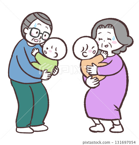 一位老人抱著雙胞胎的插圖 一位老人抱著雙胞胎的插圖 131697054