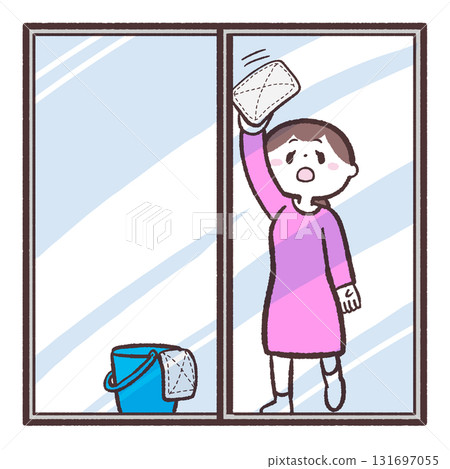 一位女士清潔窗戶的插圖 一位女士清潔窗戶的插圖 131697055