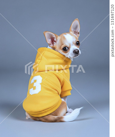 穿著黃色連帽衫的吉娃娃 穿著黃色連帽衫的吉娃娃 131697120