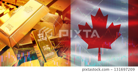 Gold bars stacked on Canadian flag. Canada gold reserves, Concept Gold bars stacked on Canadian flag. Canada gold reserves, Concept 131697209