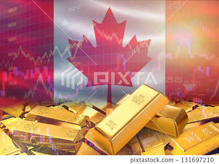 Gold bars on Canada flag in background. Gold bars stacked on Canadian flag. Concept of Canada gold reserves 131697210