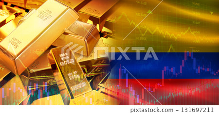 Gold bars stacked on Colombian flag. Colombia gold reserves, Concept 131697211