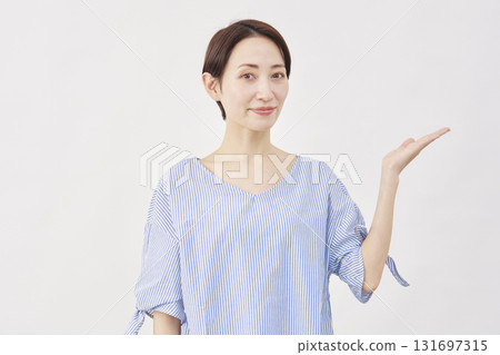 中年女性，手掌指向右側，白色背景 131697315