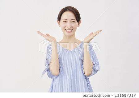 Woman, middle-aged, pointing left and right with palm, white background Woman, middle-aged, pointing left and right with palm, white background 131697317