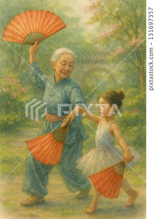 世代傳舞 水彩畫 祖孫共舞紅扇的溫柔時光 131697357