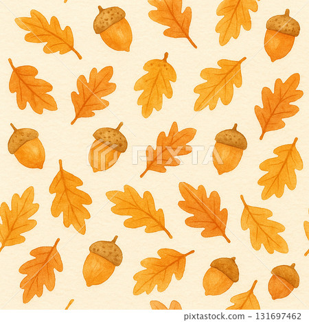 秋天橡實與橡樹葉水彩圖案 溫暖秋季手繪背景設計 秋天橡實與橡樹葉水彩圖案 溫暖秋季手繪背景設計 131697462