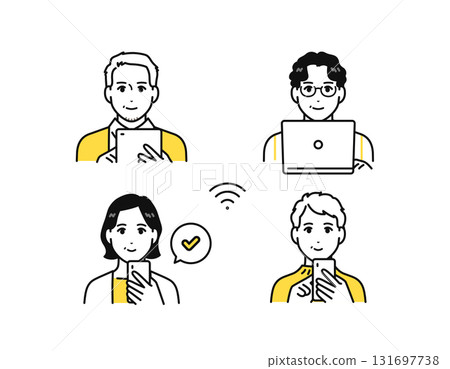 Smartphone, tablet, computer, middle-aged man and woman illustration icon 131697738
