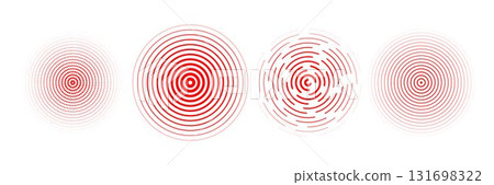 Red radial concentric circle set. Rippled, dashed and dotted rings for epicenter, target, radar, earthquake shockwave symbols. Sound wave signal collection. Vector expansive vibration elements Red radial concentric circle set. Rippled, dashed and dotted rings for epicenter, target, radar, earthquake shockwave symbols. Sound wave signal collection. Vector expansive vibration elements 131698322