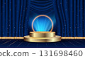Empty golden podium on a soft blue background, illuminated by a gentle neon effect and decorative bokeh lights on a curtain backdrop. Perfect for product presentations or award ceremonies. 131698460