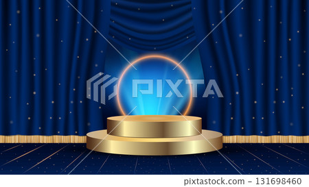 Empty golden podium on a soft blue background, illuminated by a gentle neon effect and decorative bokeh lights on a curtain backdrop. Perfect for product presentations or award ceremonies. 131698460