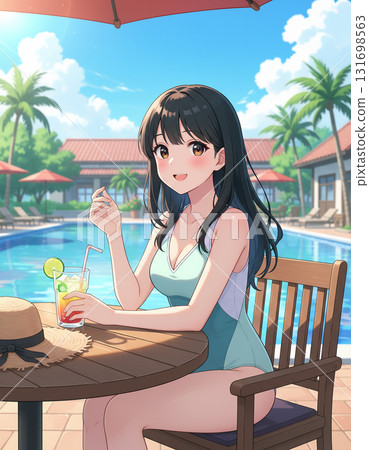 一位女士在度假酒店池畔咖啡館休息 131698563