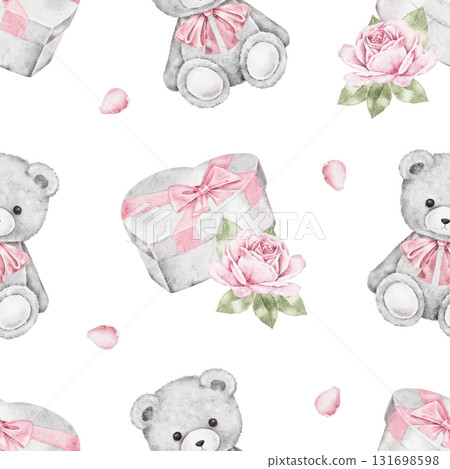 Seamless watercolor pattern with teddy bears, gift boxes, roses, and flower petals. Soft romantic design perfect for Saint Valentines Day cards, wrapping, textile, or festive packaging projects. 131698598