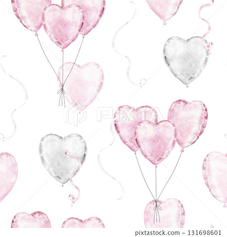 Seamless watercolor pattern with pink and silver heart balloons. Gentle romantic composition ideal for Saint Valentines Day wrapping, packaging, cards or textile, creating a joyful and festive mood. Seamless watercolor pattern with pink and silver heart balloons. Gentle romantic composition ideal for Saint Valentines Day wrapping, packaging, cards or textile, creating a joyful and festive mood. 131698601