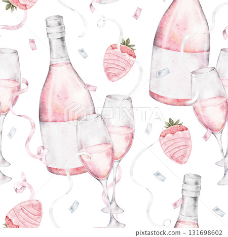 seamless watercolor pattern with bottles of sparkling rose wine, glasses, strawberries, and hearts. Elegant romantic design for Saint Valentines Day cards, textile, packaging or gift wrapping projects seamless watercolor pattern with bottles of sparkling rose wine, glasses, strawberries, and hearts. Elegant romantic design for Saint Valentines Day cards, textile, packaging or gift wrapping projects 131698602