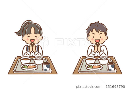 一群小學男生和女生祈禱能吃到學校午餐 131698790