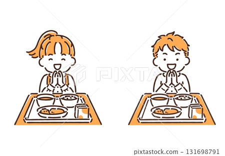 一組小學男孩和女孩手牽手吃學校午餐 131698791
