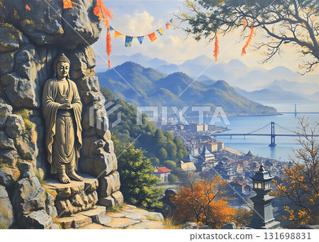Autumn scenery of a port town on the Seto Inland Sea, overlooking a rocky outcrop where a rock-carved Buddha statue stands (oil painting style) 131698831