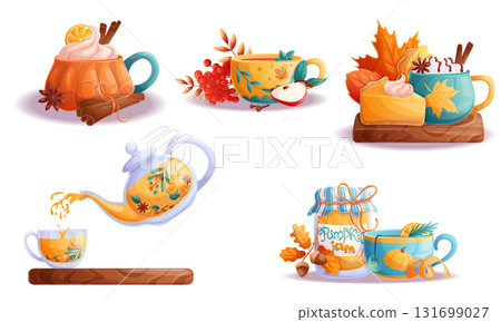 A set of illustrations with elements of autumn, autumn food and drinks . Isolated vector illustration for seasonal design of postcards, banners, posters and promotions. 131699027