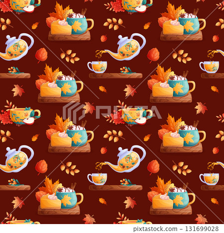 Seamless pattern with autumn drinks and pastries, leaves. The concept of autumn, Thanksgiving. Vector illustration for seasonal design of postcards, banners, posters and promotions 131699028