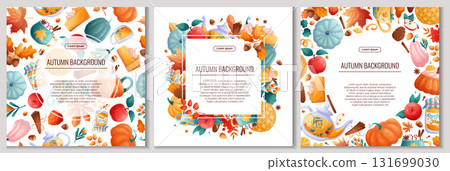 A set of backgrounds with autumn elements. A postcard with pumpkins, autumn drinks and food, leaves for parties, holidays, advertising, promotions. Vector illustration A set of backgrounds with autumn elements. A postcard with pumpkins, autumn drinks and food, leaves for parties, holidays, advertising, promotions. Vector illustration 131699030