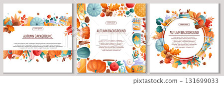 A set of backgrounds with autumn elements. A postcard with pumpkins, autumn drinks and food, leaves for parties, holidays, advertising, promotions. Vector illustration A set of backgrounds with autumn elements. A postcard with pumpkins, autumn drinks and food, leaves for parties, holidays, advertising, promotions. Vector illustration 131699033
