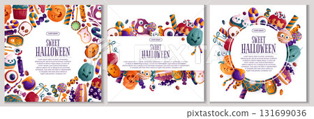 A set of backgrounds with Halloween elements. Decorative frame with sweets, candies, pumpkins and pastries for posters, flyers, postcards and invitations to Halloween parties. Vector illustration 131699036