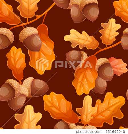 Seamless pattern with oak twigs, leaves, acorns on a brown background. The concept of autumn. Vector illustration for postcards, posters, banners, websites, printing design 131699040