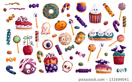 A set of Halloween sweets, pastries on a white background. Cookies, cupcakes, candies, lollipops in the shape of a ghost, skull, eyeball. Isolated vector illustration for stickers, design, decoration 131699041