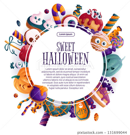 Colorful background with Halloween elements. Decorative frame with sweets, candies, pumpkins and pastries for posters, flyers, postcards and invitations to Halloween parties. Vector illustration 131699044