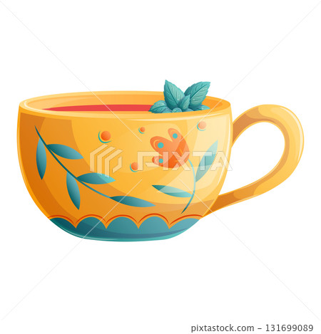 An orange tea cup with mint on a white background. Autumn concept, tea shop, tea party. Isolated vector illustration for the design of poster, banner, website, menu, advertisement An orange tea cup with mint on a white background. Autumn concept, tea shop, tea party. Isolated vector illustration for the design of poster, banner, website, menu, advertisement 131699089