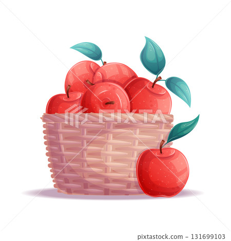 A wicker basket with juicy red apples on a white background. The concept of autumn, harvest, agriculture. Isolated vector illustration for the design of postcards, textiles, banners and posters. 131699103