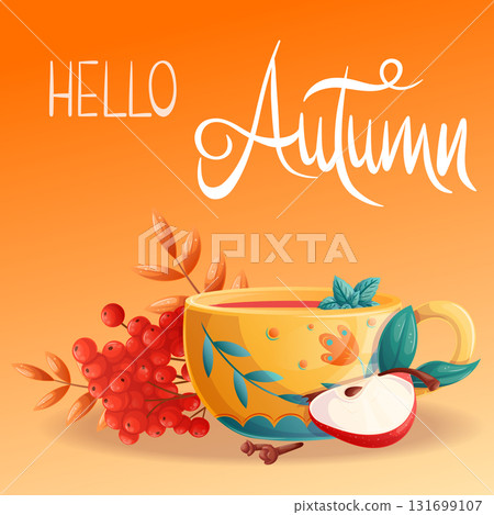A square autumn postcard with a cup of hot drink, a sprig of mountain ash, and a slice of apple. Hello autumn. Vector illustration for seasonal design of postcards, banners, posters and promotions. A square autumn postcard with a cup of hot drink, a sprig of mountain ash, and a slice of apple. Hello autumn. Vector illustration for seasonal design of postcards, banners, posters and promotions. 131699107
