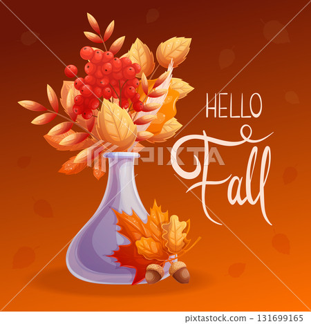 Square autumn postcard with a bouquet of leaves in a glass vase. Maple, oak, mountain ash. Vector illustration for seasonal design of banners, posters, promotions, advertisements. 131699165