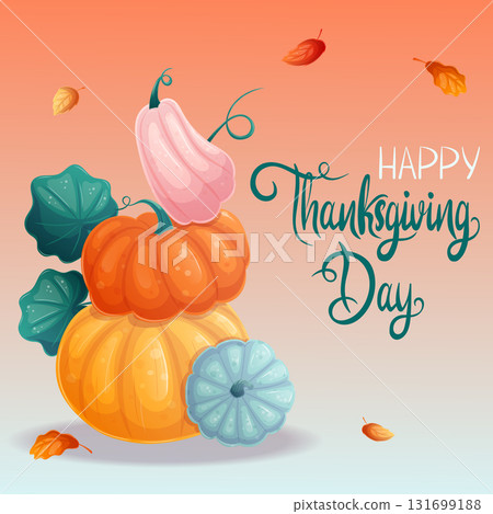 A square autumn postcard with colorful pumpkins standing on top of each other. Happy Thanksgiving Day. Vector illustration for seasonal design of banners, posters, promotions, advertisements. A square autumn postcard with colorful pumpkins standing on top of each other. Happy Thanksgiving Day. Vector illustration for seasonal design of banners, posters, promotions, advertisements. 131699188