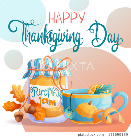 A square autumn postcard with a piece of pumpkin pie, a cup of cocoa with marshmallows and leaves. Happy Thanksgiving day. Vector illustration for seasonal design of banners, posters and promotions. 131699189